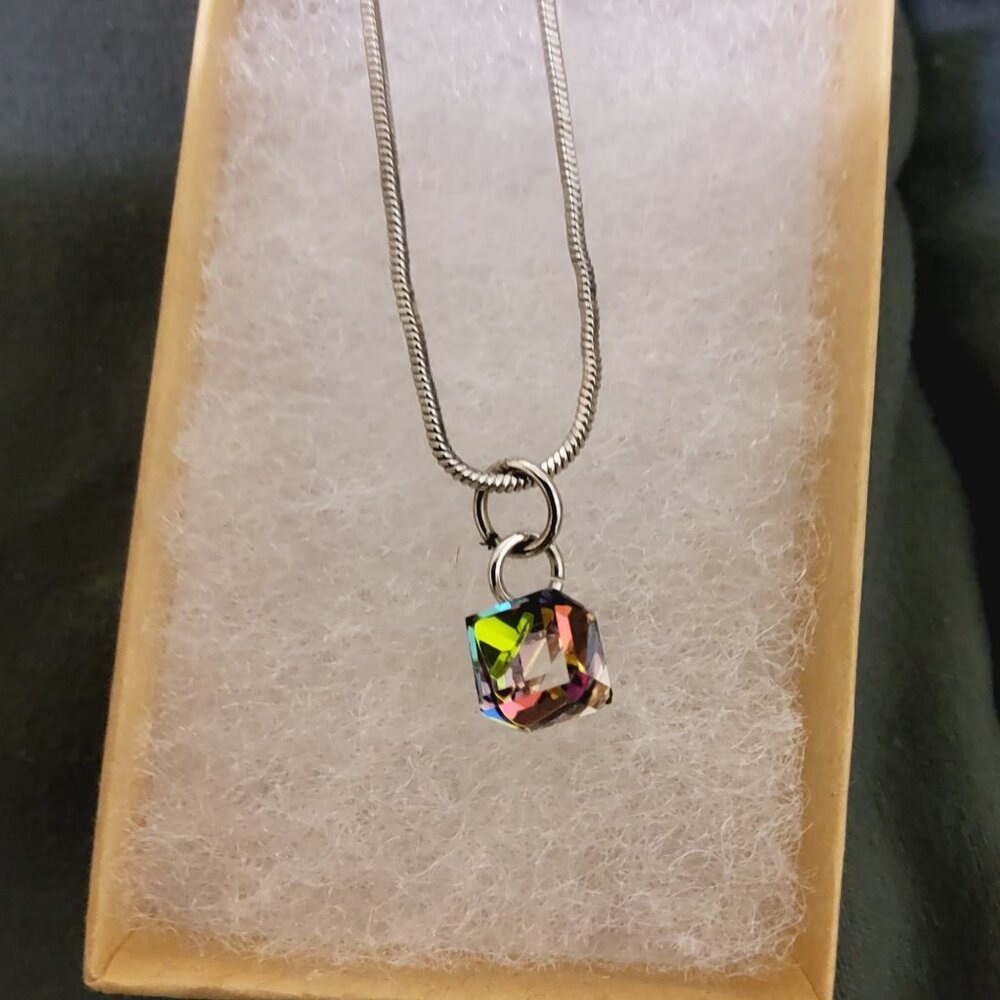 Iridescent Crystal Cube Pendant Necklace Rainbow Aurora Borealis Geometric Chain